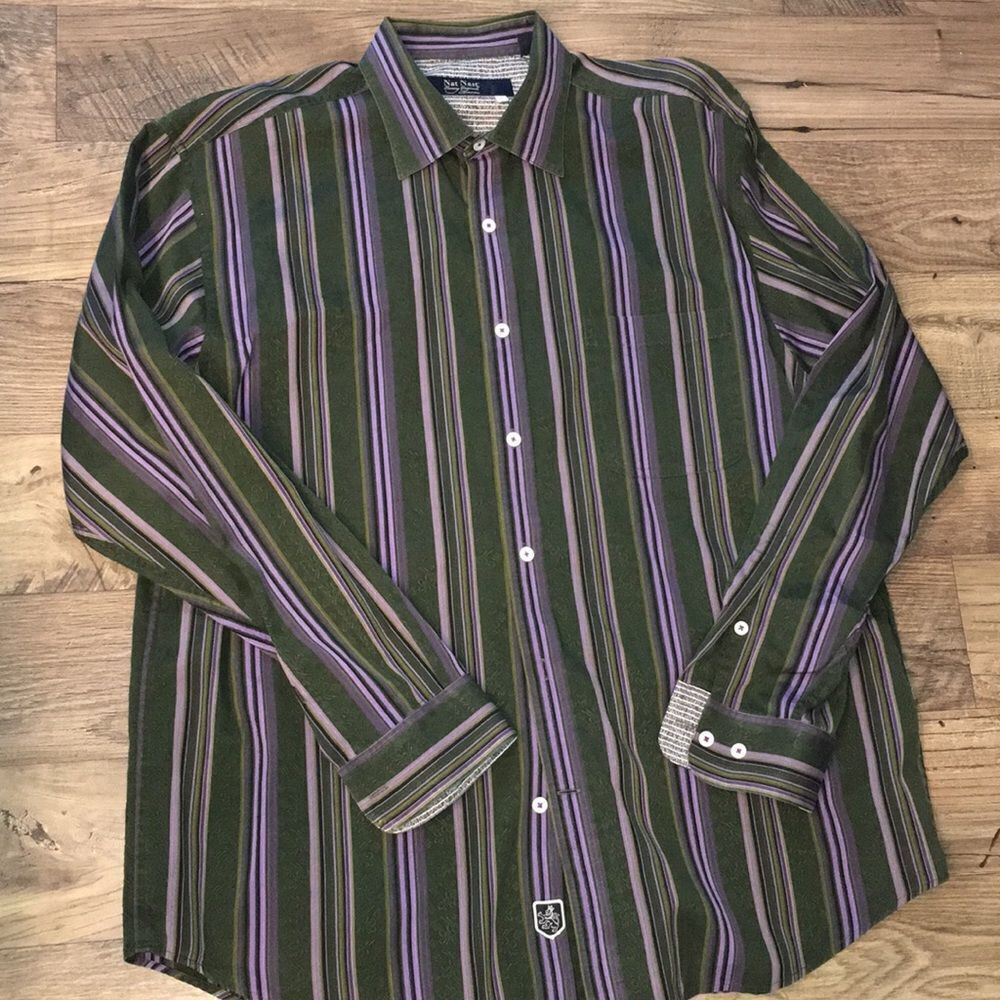 Nat Nast Purple Green Stripe Pocket LS Shirt L